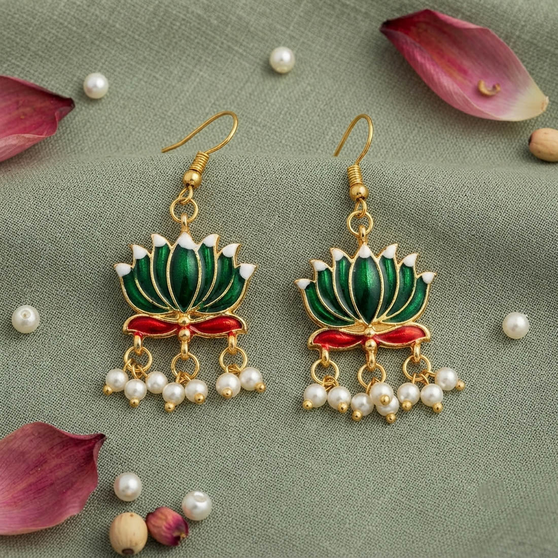 Green Color Beautiful Lotus Design Meenakari Earrings Collection For Women And Girls