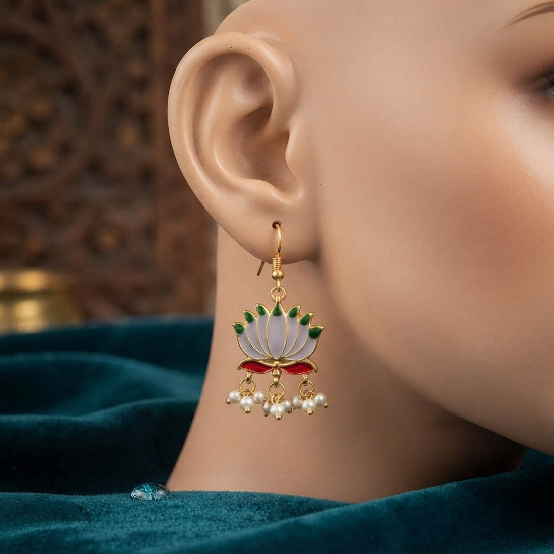Grey Color Beautiful Lotus Design Meenakari Earrings Collection For Women And Girls