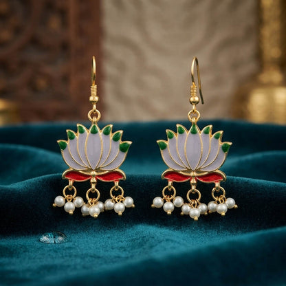 Grey Color Beautiful Lotus Design Meenakari Earrings Collection For Women And Girls