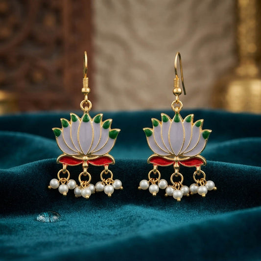Grey Color Beautiful Lotus Design Meenakari Earrings Collection For Women And Girls