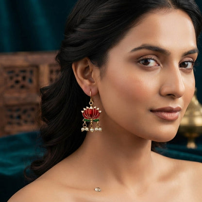 Maroon Color Beautiful Lotus Design Meenakari Earrings Collection For Women And Girls