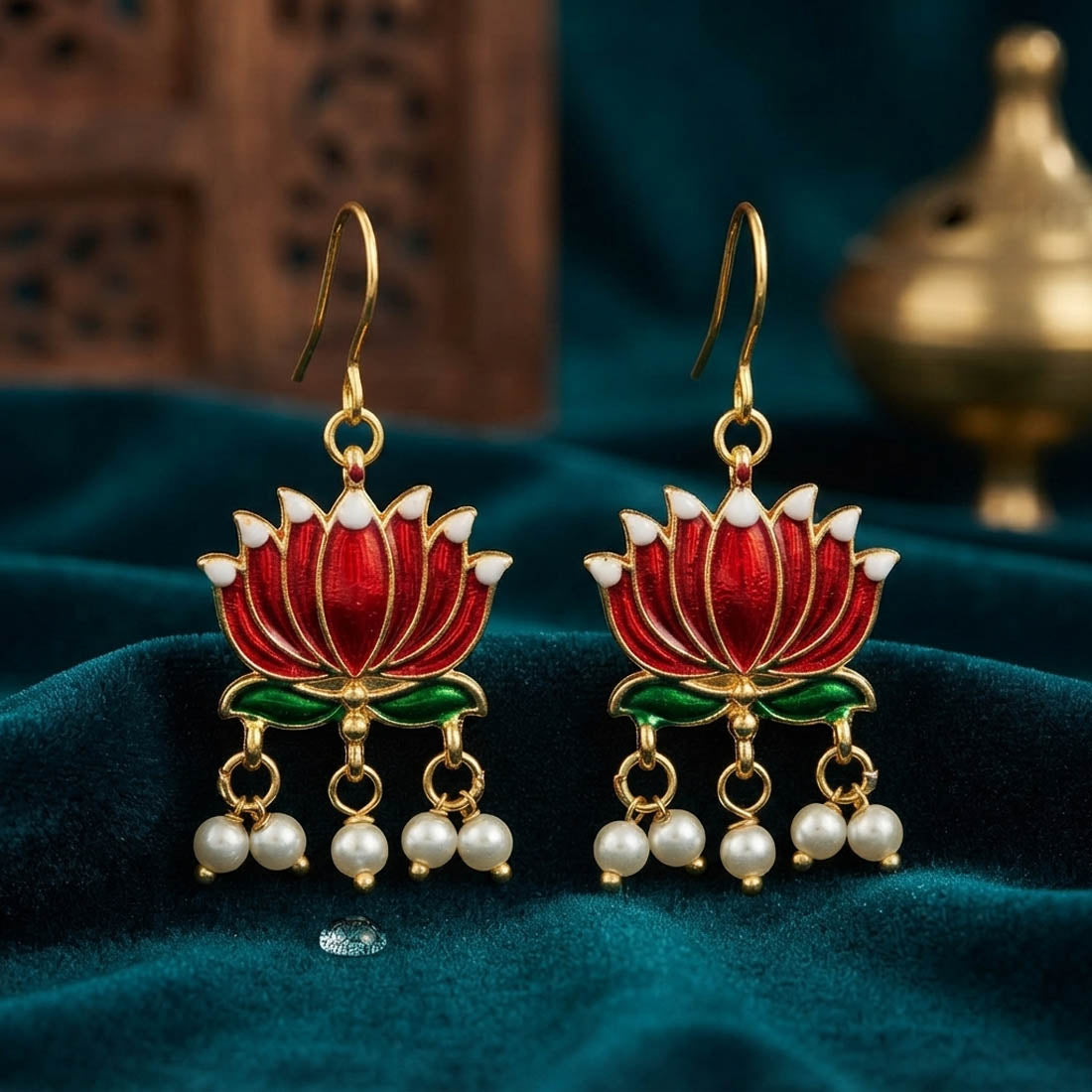 Maroon Color Beautiful Lotus Design Meenakari Earrings Collection For Women And Girls
