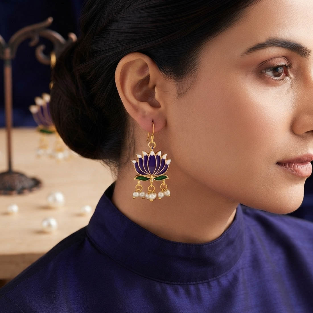 Blue Color Stylish Lotus Design Meenakari Earrings Collection For Women And Girls