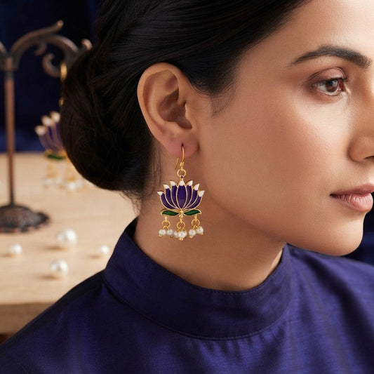 Blue Color Stylish Lotus Design Meenakari Earrings Collection For Women And Girls
