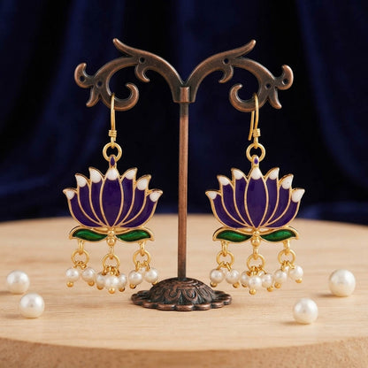 Blue Color Stylish Lotus Design Meenakari Earrings Collection For Women And Girls