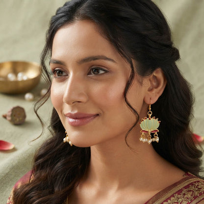 Pista Green Color Beautiful Lotus Design Meenakari Earrings Collection For Women And Girls
