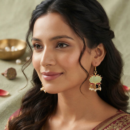 Pista Green Color Beautiful Lotus Design Meenakari Earrings Collection For Women And Girls