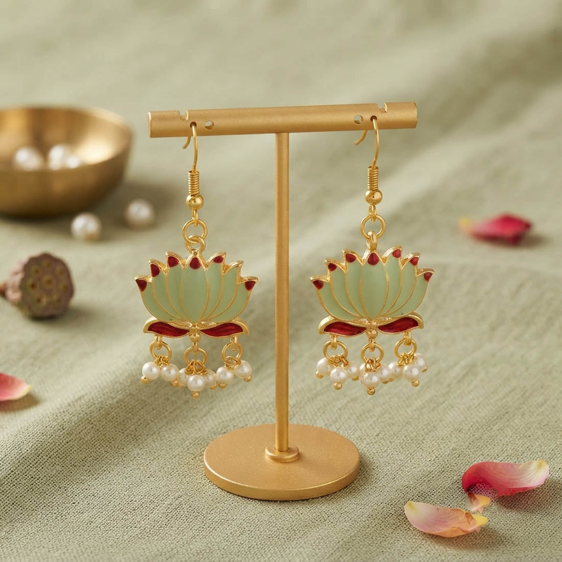 Pista Green Color Beautiful Lotus Design Meenakari Earrings Collection For Women And Girls