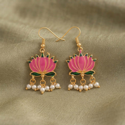Pink Color Beautiful Lotus Design Meenakari Earrings Collection For Women And Girls