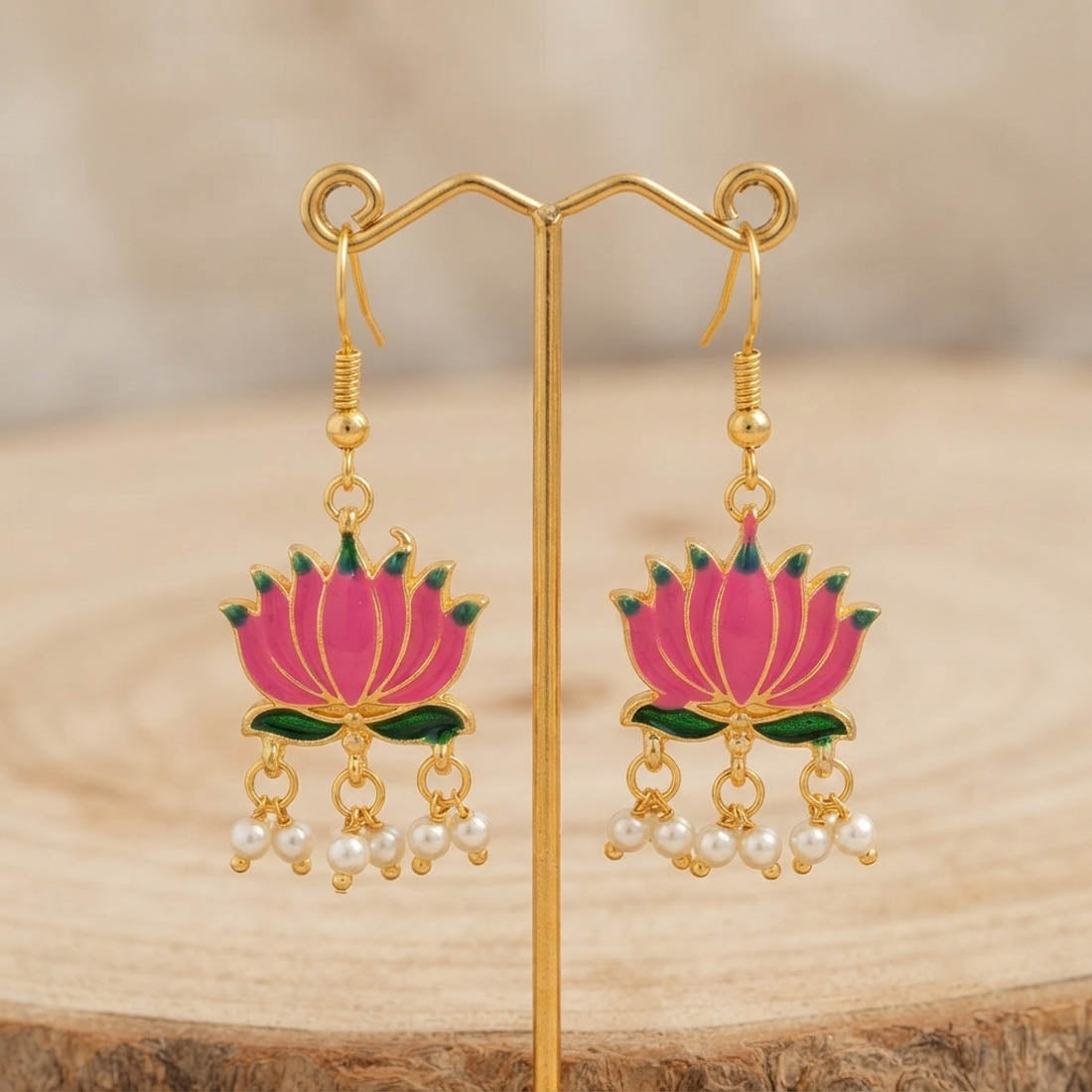 Pink Color Beautiful Lotus Design Meenakari Earrings Collection For Women And Girls