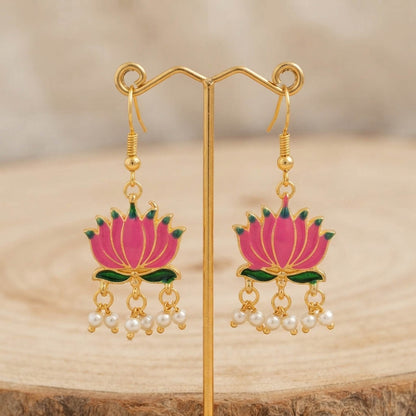 Pink Color Beautiful Lotus Design Meenakari Earrings Collection For Women And Girls