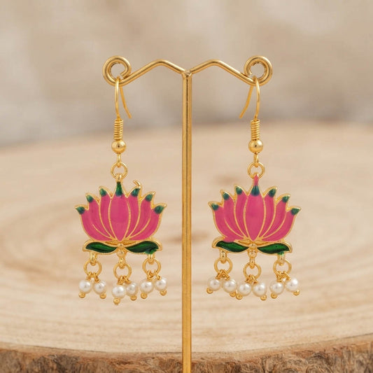 Pink Color Beautiful Lotus Design Meenakari Earrings Collection For Women And Girls