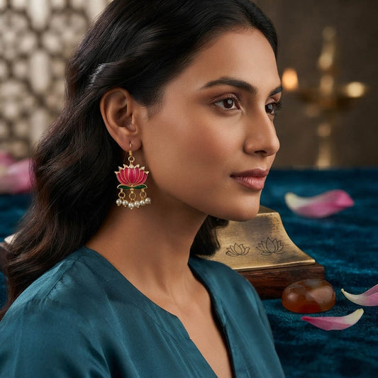 Rani Color Beautiful Lotus Design Meenakari Earrings Collection For Women And Girls