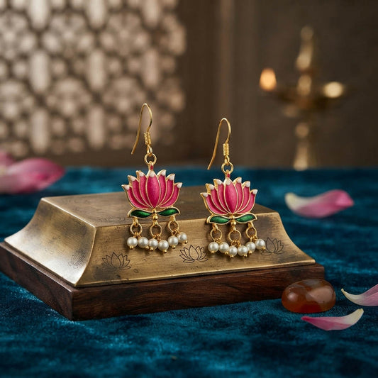 Rani Color Beautiful Lotus Design Meenakari Earrings Collection For Women And Girls