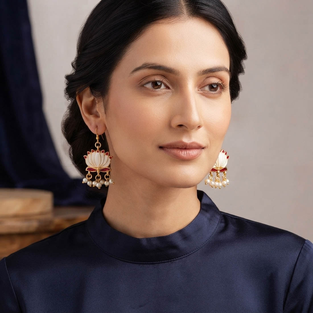 White Color Beautiful Lotus Design Meenakari Earrings Collection For Women And Girls