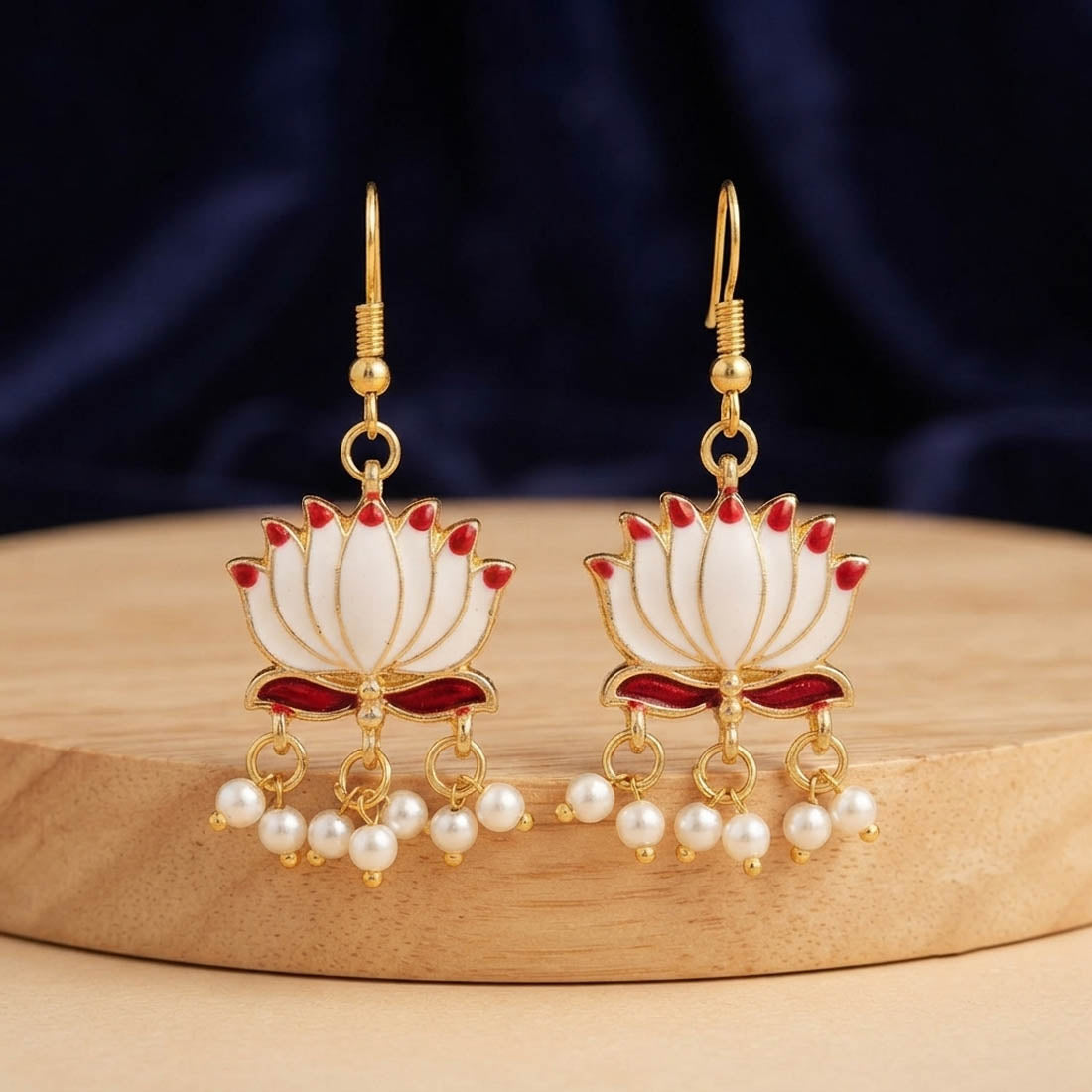 White Color Beautiful Lotus Design Meenakari Earrings Collection For Women And Girls