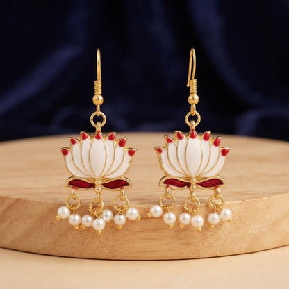 White Color Beautiful Lotus Design Meenakari Earrings Collection For Women And Girls