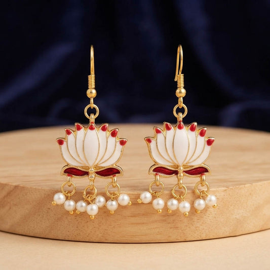 White Color Beautiful Lotus Design Meenakari Earrings Collection For Women And Girls