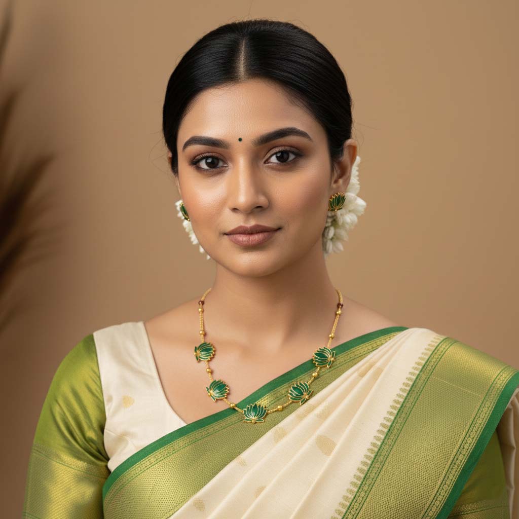 Green Color Lotus Design Meenakari Necklace Set