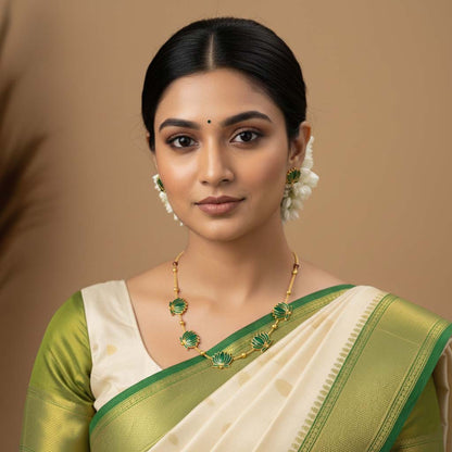 Green Color Lotus Design Meenakari Necklace Set