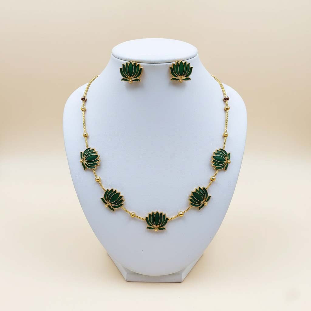 Green Color Lotus Design Meenakari Necklace Set