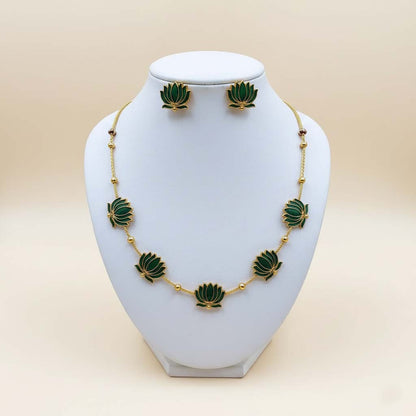 Green Color Lotus Design Meenakari Necklace Set