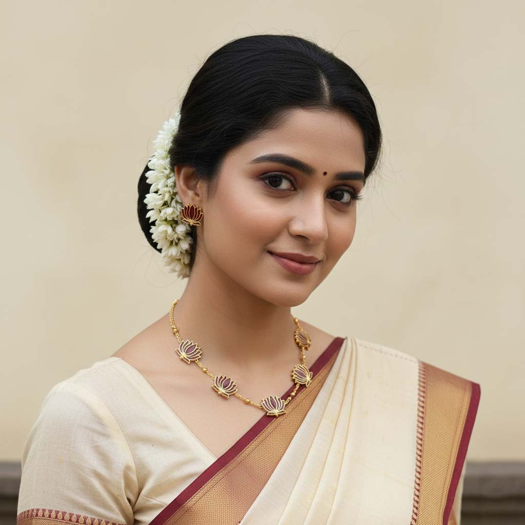 Maroon Color Lotus Design Meenakari Necklace Set