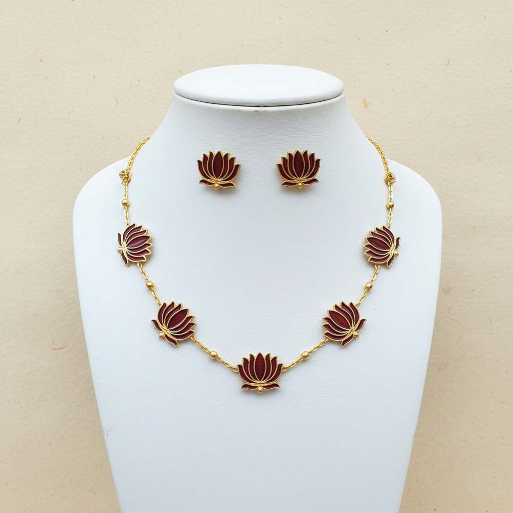 Maroon Color Lotus Design Meenakari Necklace Set