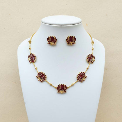 Maroon Color Lotus Design Meenakari Necklace Set