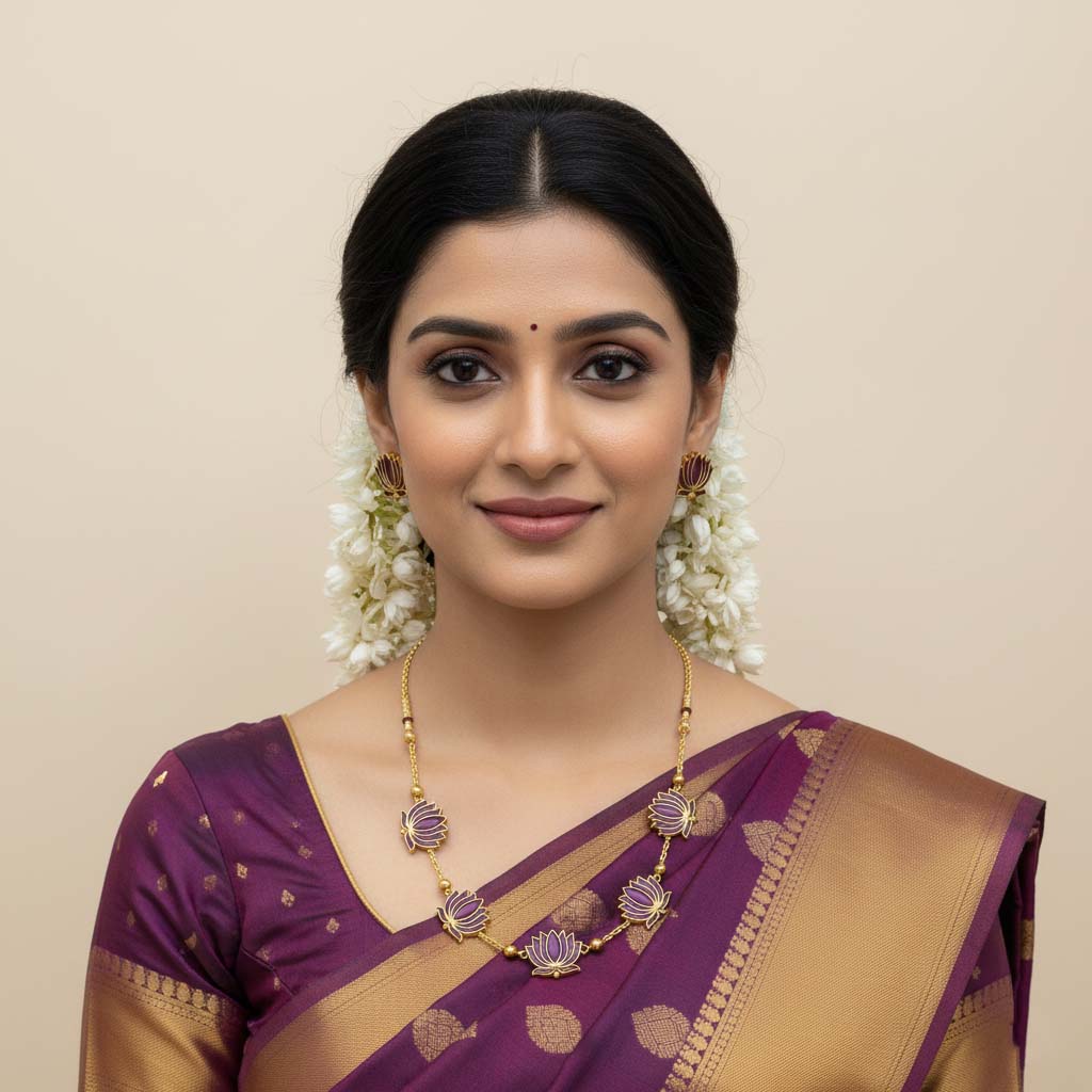 Lila Farbene Lotus Design Meenakari Halskette Set