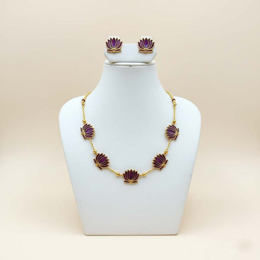 Purple Color Lotus Design Meenakari Necklace Set