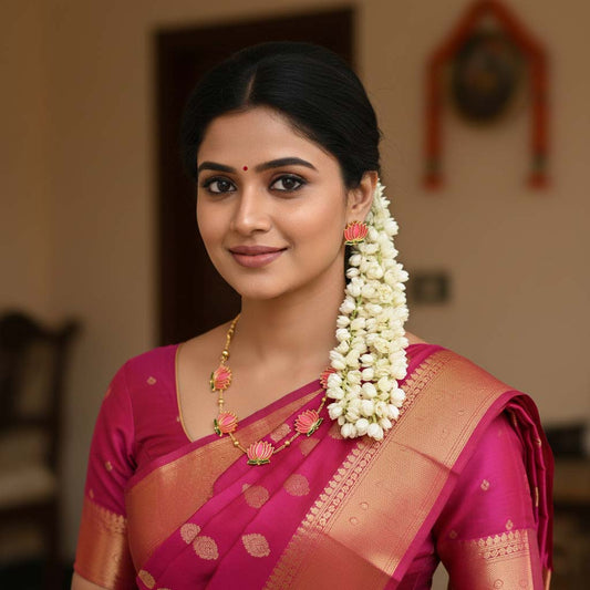 Rani Color Lotus Design Meenakari Necklace Set