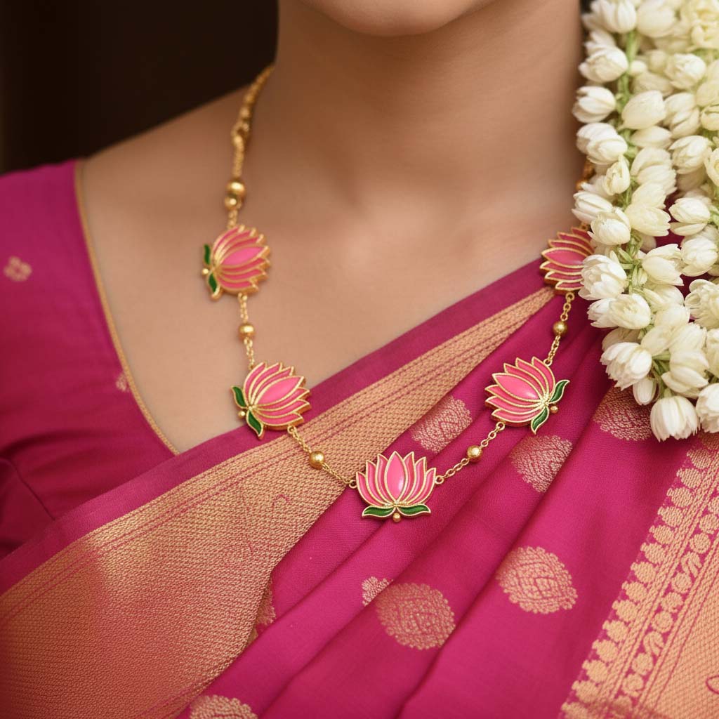 Rani Color Lotus Design Meenakari Necklace Set