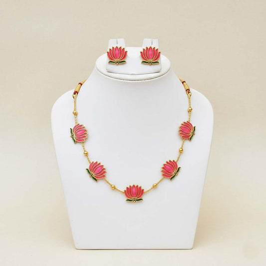 Rani Color Lotus Design Meenakari Necklace Set