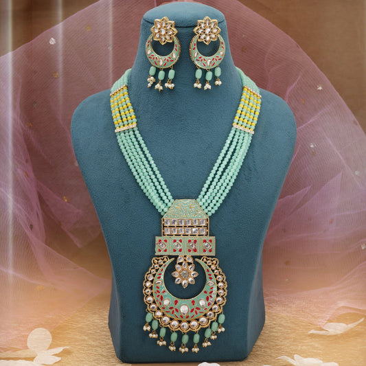 Parrot Green Color Long Meenakari Necklace Set With Traditional Artwork
