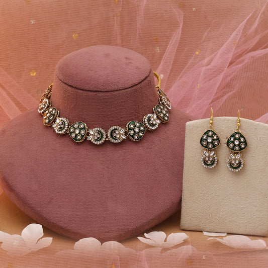Green Color Meenakari Necklace Set Featuring Detailed Ethnic Design