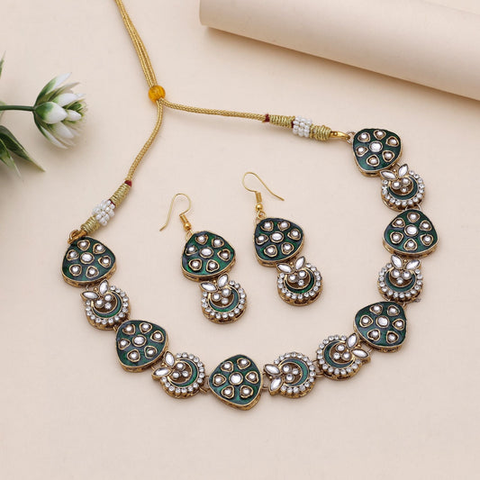 Green Color Meenakari Necklace Set Featuring Detailed Ethnic Design