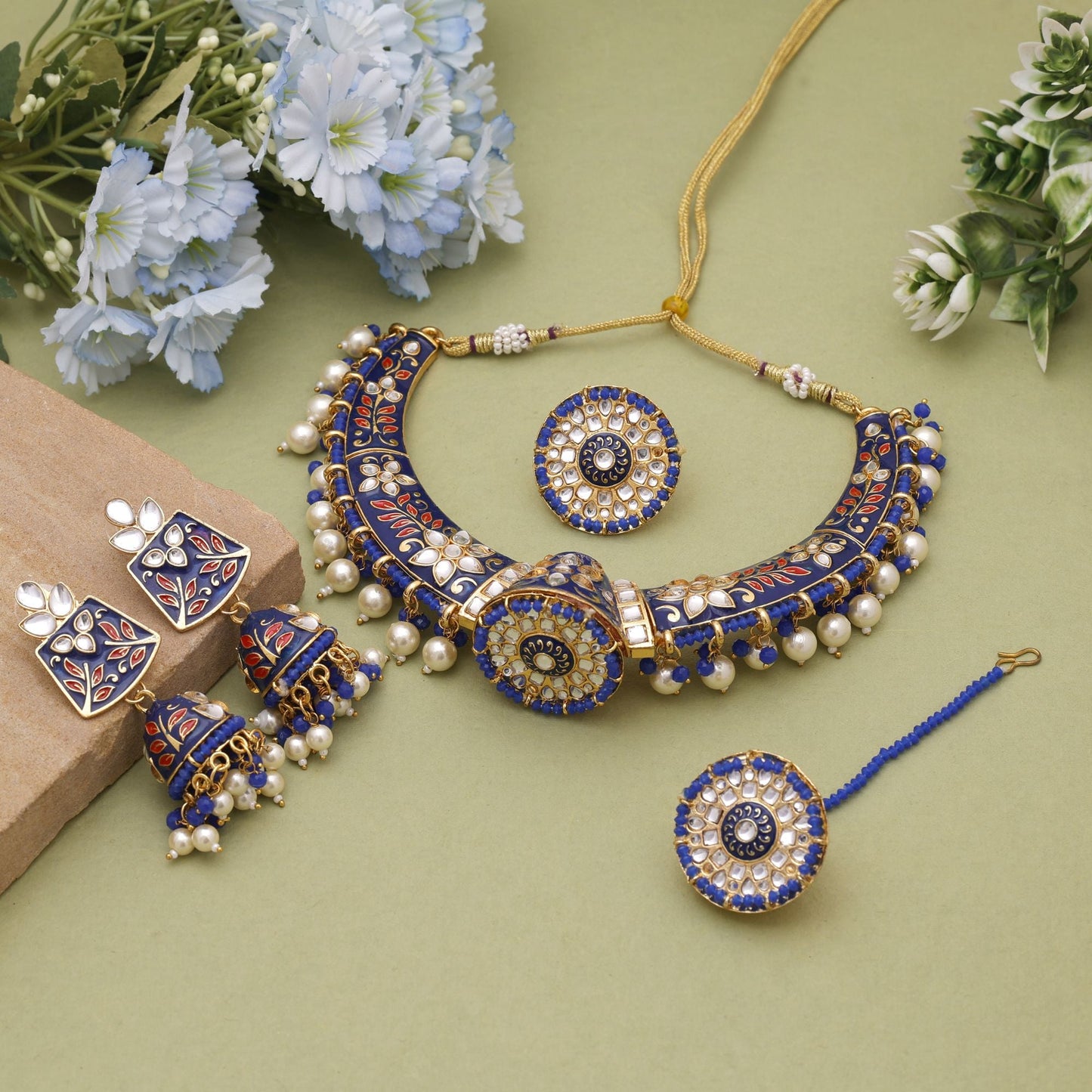 Blue Color Hasli Meenakari Necklace Set With Artistic Festive Styling