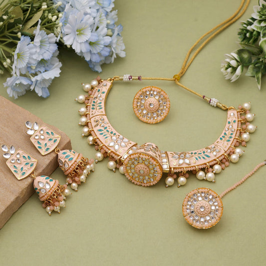 Peach Color Hasli Meenakari Necklace Set With Elegant Cultural Finish