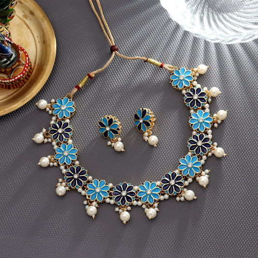 Firozi & Blue Color Meenakari Necklace Set Elegant Ethnic Party Wear Jewelry Collection