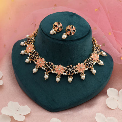 Peach & Black Color Meenakari Necklace Set Stylish Designer Party Wear Ethnic Jewelry