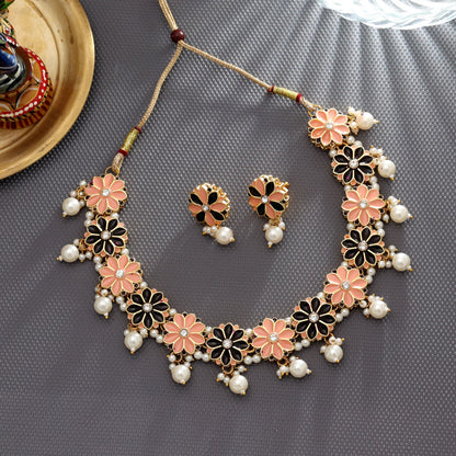 Peach & Black Color Meenakari Necklace Set Stylish Designer Party Wear Ethnic Jewelry