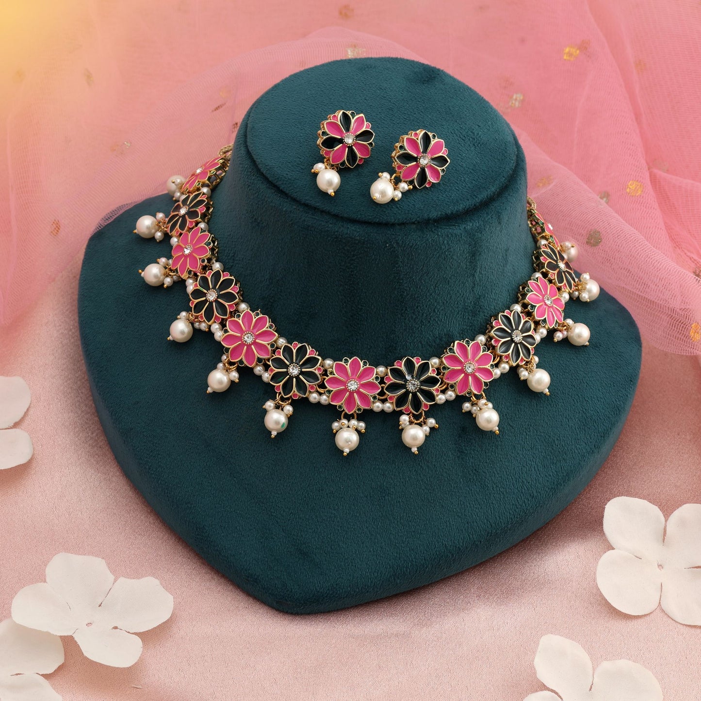 Pink & Grün Farbe Meenakari Halskette Set Elegant Festlich Traditioneller Schmuck Design