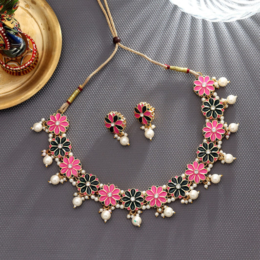 Pink & Grün Farbe Meenakari Halskette Set Elegant Festlich Traditioneller Schmuck Design