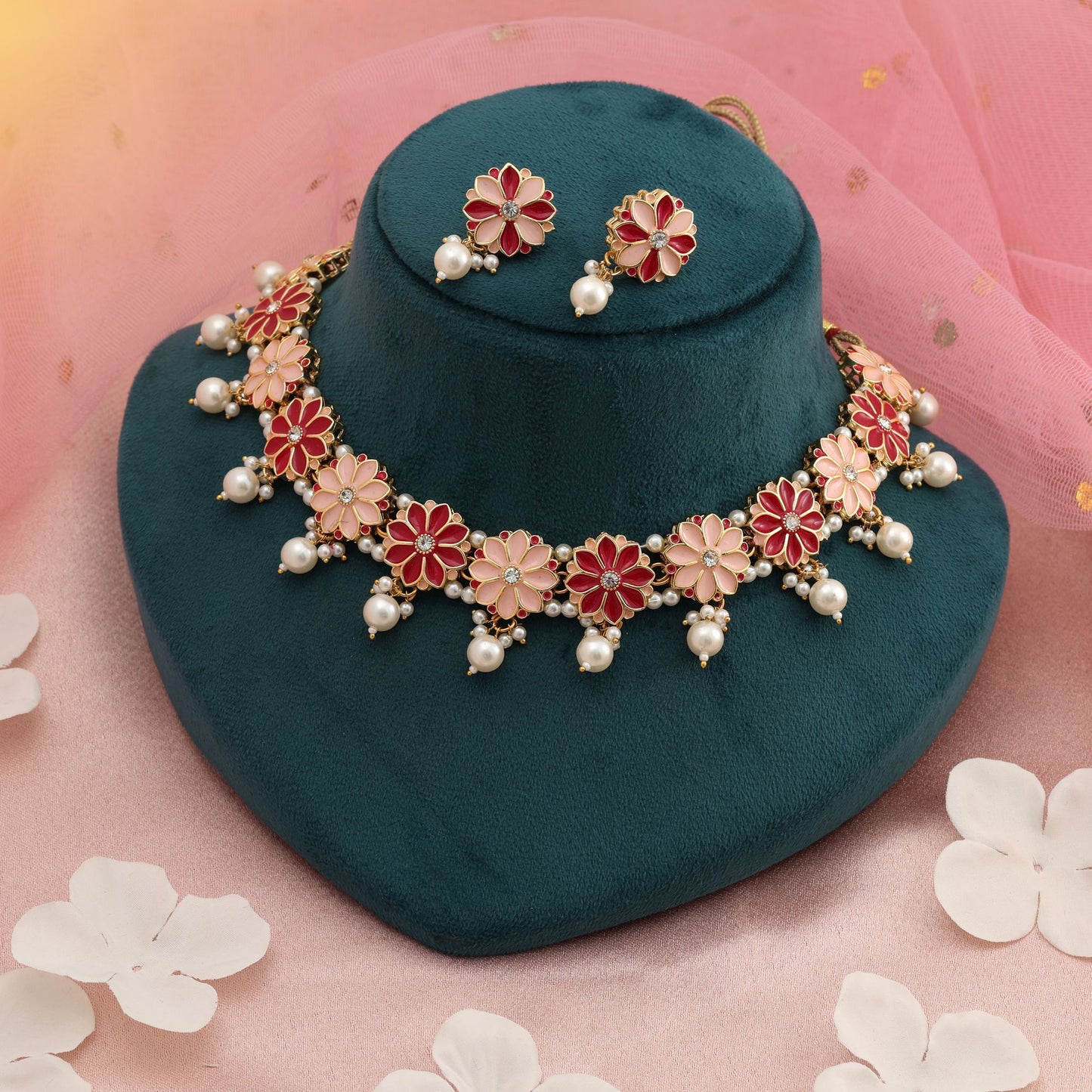 Rani & Peach Color Meenakari Necklace Set Royal Festive Traditional Statement Jewelry Design