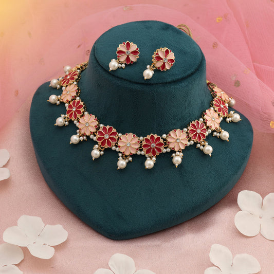 Rani & Peach Color Meenakari Necklace Set Royal Festive Traditional Statement Jewelry Design
