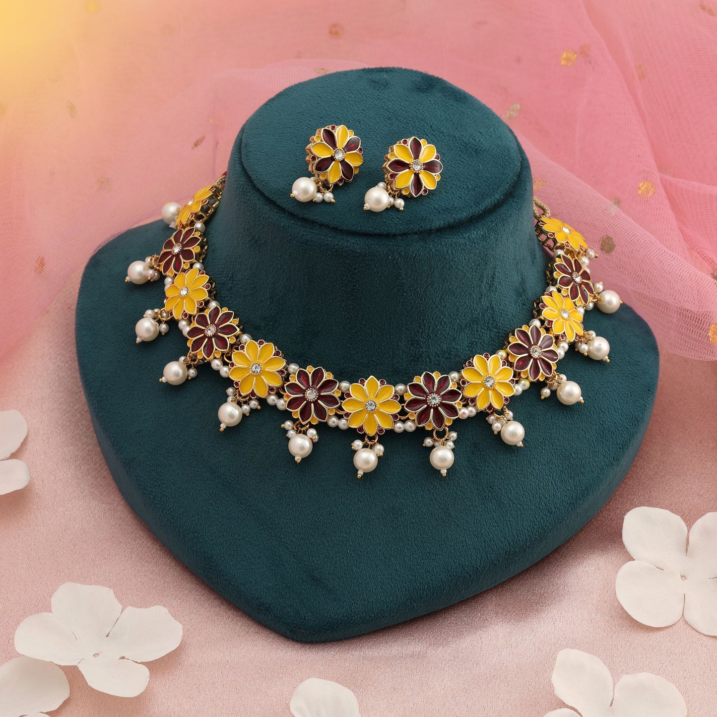 Yellow & Maroon Color Meenakari Necklace Set Classic Traditional Festive Jewelry Design