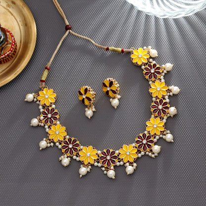 Yellow & Maroon Color Meenakari Necklace Set Classic Traditional Festive Jewelry Design