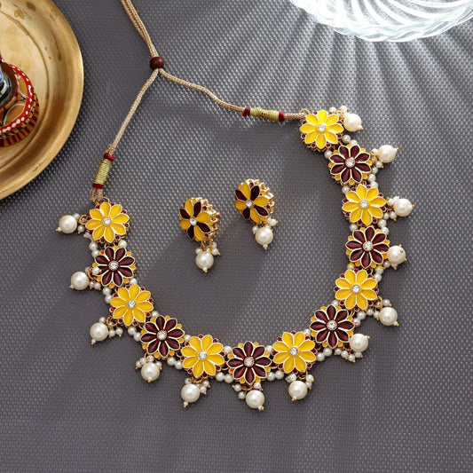 Yellow & Maroon Color Meenakari Necklace Set Classic Traditional Festive Jewelry Design