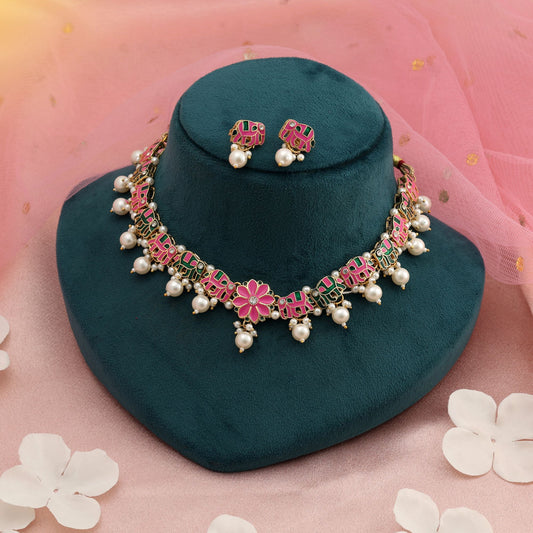 Pink & Green Color Meenakari Necklace Set Designer Festive Traditional Jewelry